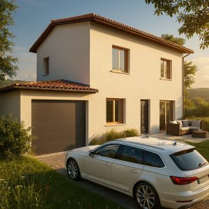 Sur les hauteurs de St Chamond au pied du Pilat, projet de construction d’une maison individuelle de 99m², 4 pièces, 3 chambres + garage sur un terrain plat de 557m2.